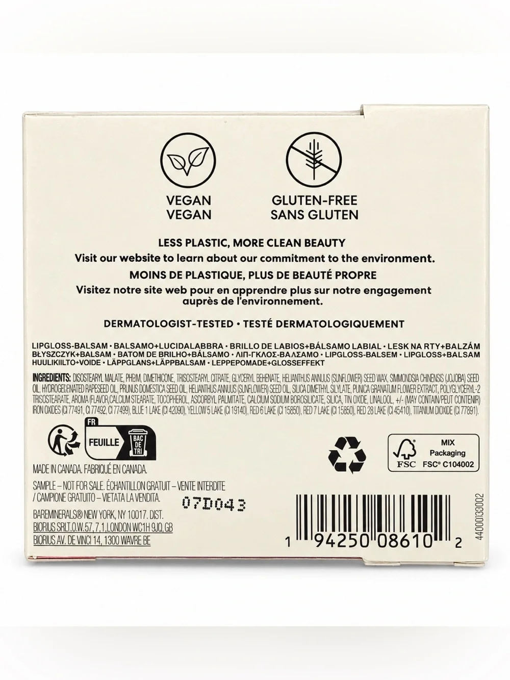 bareMinerals Lip Gloss-Balm Mini in Sincerity 2ml BRAND NEW IN BOX